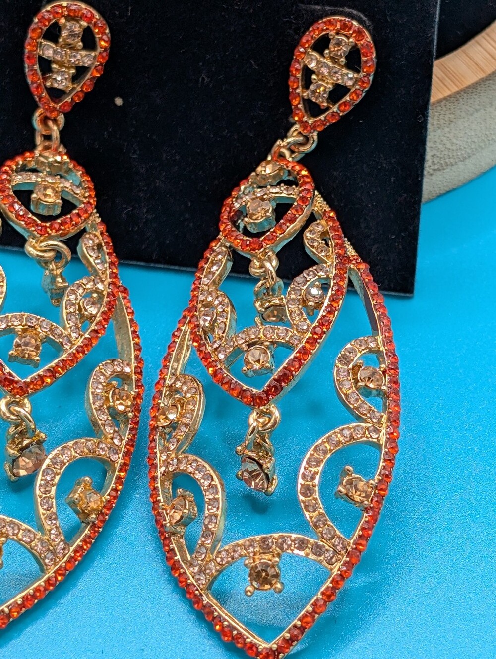 Sequin Gold-tone Orange Crystal Drop Earrings - Picture 3 of 4